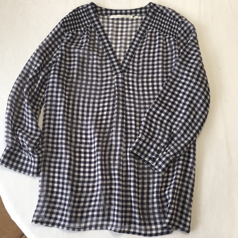 VIOLET + CLAIRE Gingham Check Popover Top Black & White Sz. S